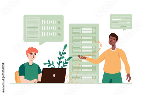 Server maintenance green concept with people scene in the flat cartoon design. Service employees solve customer problems on the computer. Vector illustration.