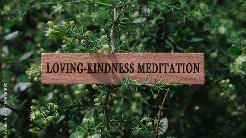 Loving, Kindness meditation. Written on wooden surface. Background tree leaves. Mental health and lifestyle
