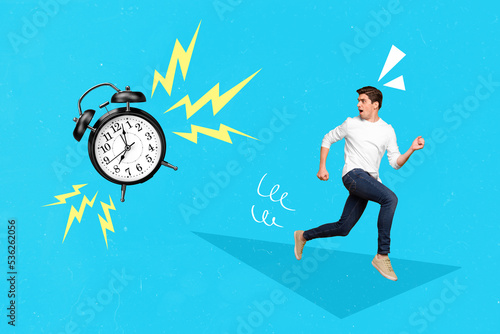 Composite collage image of confused guy running away big classic alarm bell clock isolated on blue background © deagreez