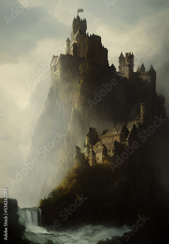 Painting of a castle on top of a mountain above a waterfall.