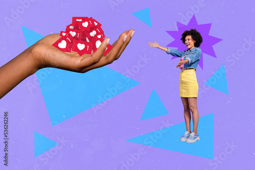 Composite collage illustration of excited mini girl receive big arm hold like notifications facebook instagram whatsup isolated on drawing background photo