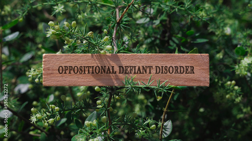 Oppositional Defiant Disorder . Written on wooden surface. Background tree leaves. health and sport.