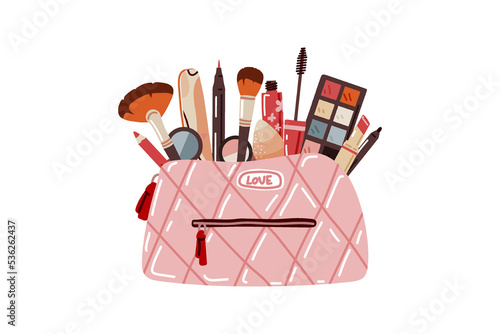 Vector cosmetic pouch with makeup,beauty products on white background.