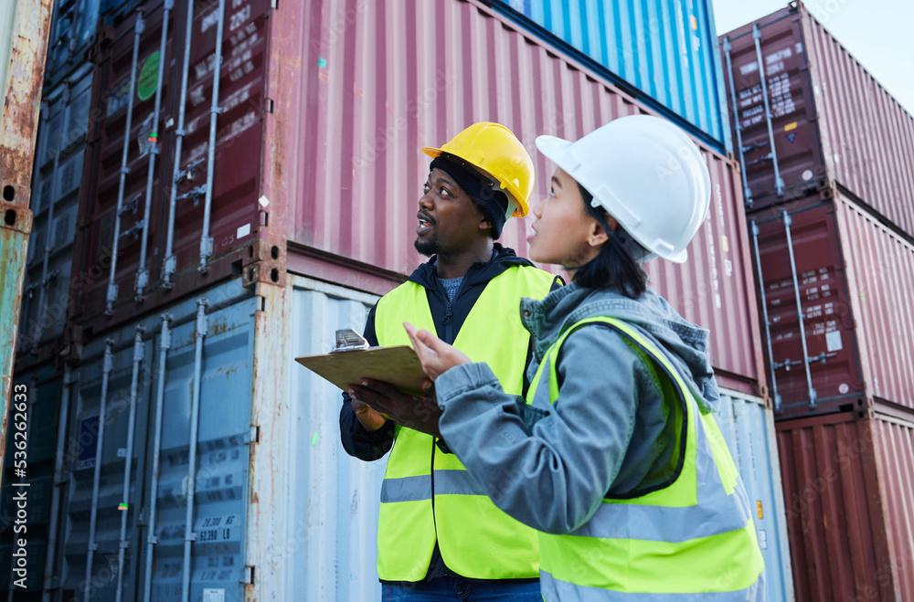Φωτογραφία Logistics, shipping management and checklist for cargo stock with man and woman talking delivery at shipyard