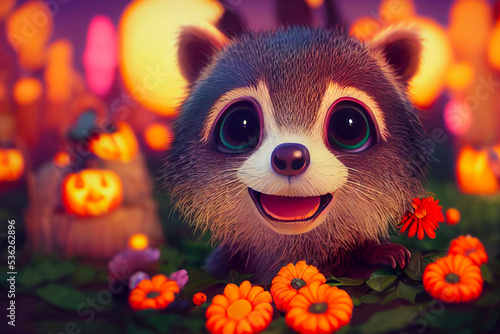 Raccoon Halloween Partry with pumpkins in a colorful atmosphere
