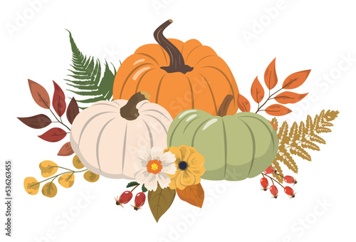 Autumn illustration with colorful pumpkins, flowers and forest leaves. Isolated on white background. Seasonal harvest design for greeting or poster.