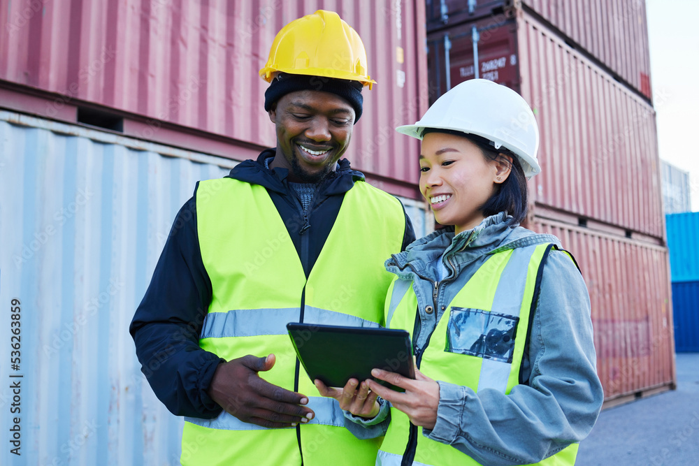 Logistics, cargo and diversity team with tablet check world, global or international tech data of shipping, delivery or stock. Container, collaboration and supply chain industry man and woman working Logistics, cargo and diversity team with tablet check world, global or international tech data of shipping, delivery or stock. Container, collaboration and supply chain industry man and woman working