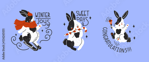 The rabbit is the symbol of the Chinese New Year. Christmas or Easter Bunny for greeting cards. Zodiac signs. Posters, prints for children's clothing and textiles. Vector illustration in cartoon style