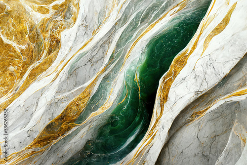 Abstract marble textured background. Fluid art modern 3d wallpaper. Luxury marble with green and gold paint 