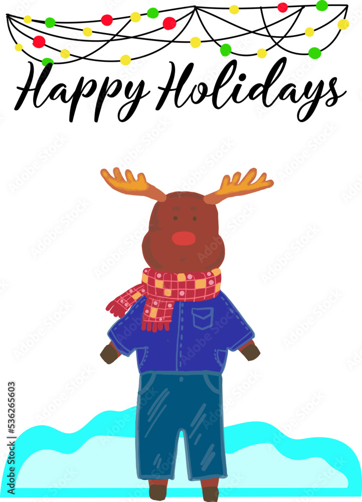 Fototapeta premium Vector hand drawn Holiday gift cards, winter snowy gift cards, Christmas, and New Year congratulations, Christmas garland, Happy Holidays, wearing elk, moose in clothing