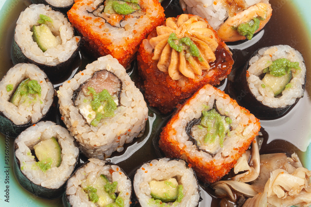 Sushi rolls japanese food on a plate top view Sushi rolls japanese food on a plate top view