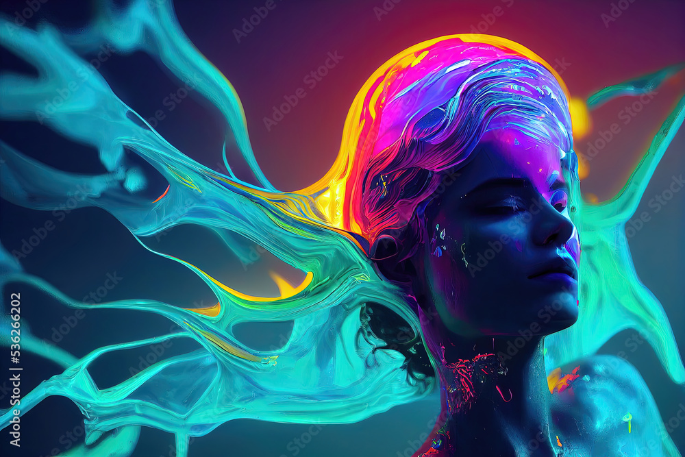 Woman dissolving into neon acrylic paint. 3D illustration