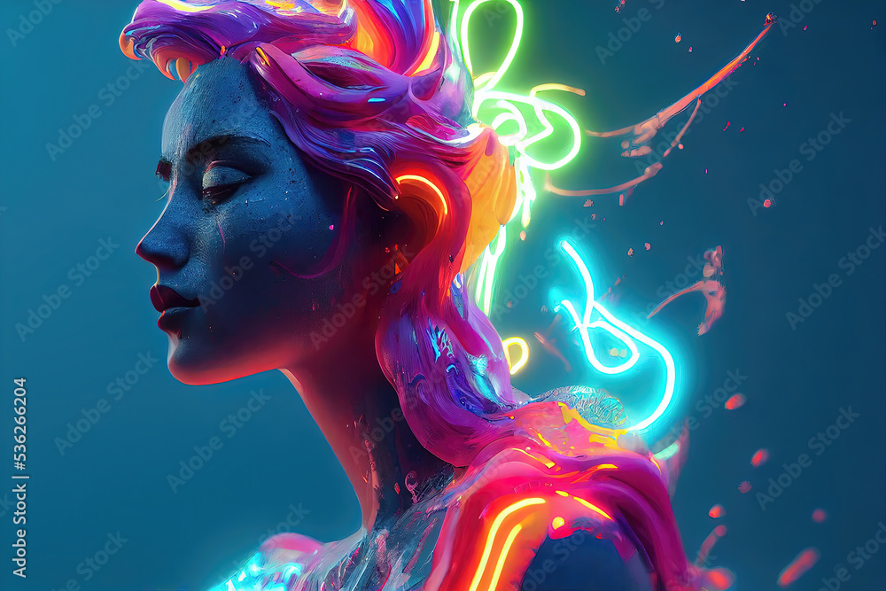 Woman dissolving into neon acrylic paint. 3D illustration Woman dissolving into neon acrylic paint. 3D illustration