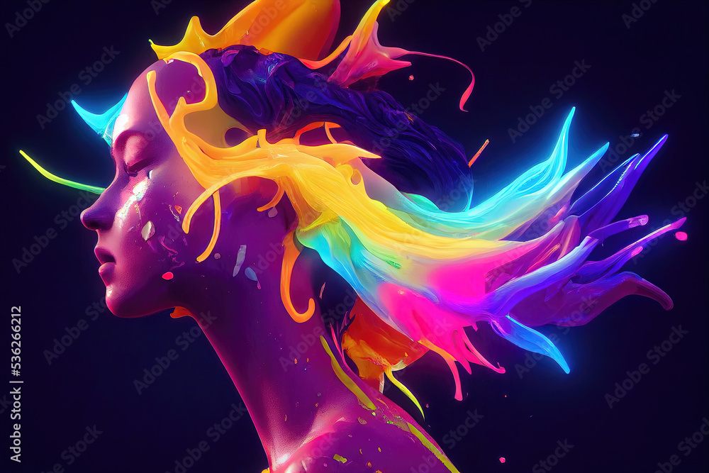 Obraz premium Woman dissolving into neon acrylic paint. 3D illustration