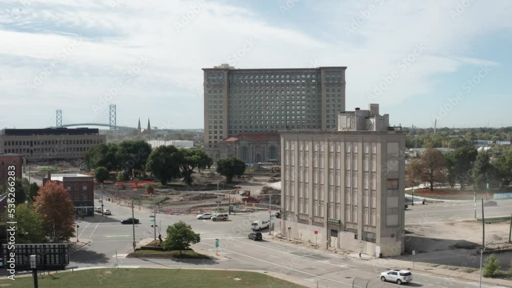 Michigan Central Station in Detroit, Michigan with low drone shot that is stable. Michigan Central Station in Detroit, Michigan with low drone shot that is stable.