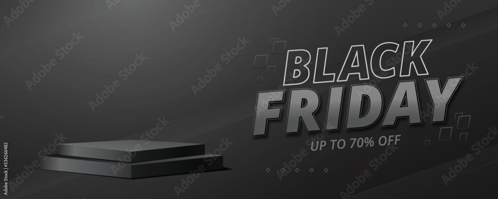 Black Friday sale banner template with social media poster on podium stage. Stock Adobe Stock