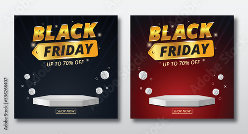 Black Friday sale banner template, with social media poster on podium stage. photo