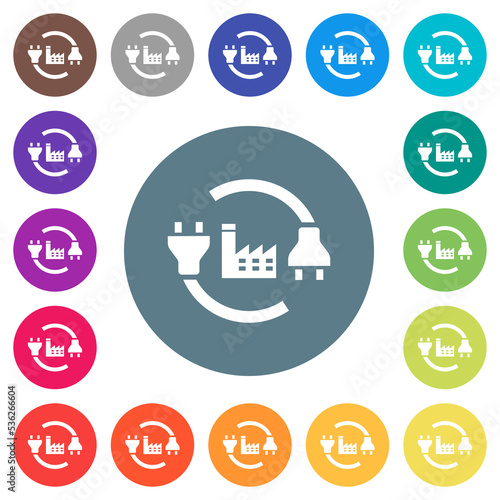 Power plant flat white icons on round color backgrounds