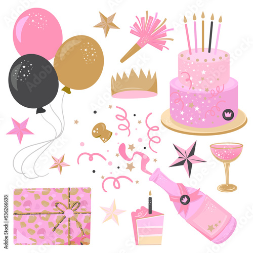 Pink birthday graphic design elements set.