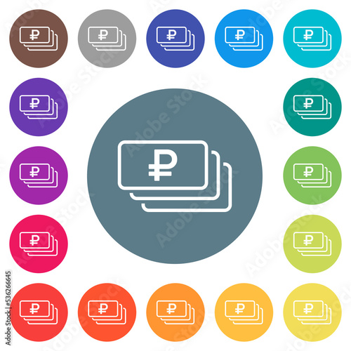 Russian Ruble banknotes outline flat white icons on round color backgrounds