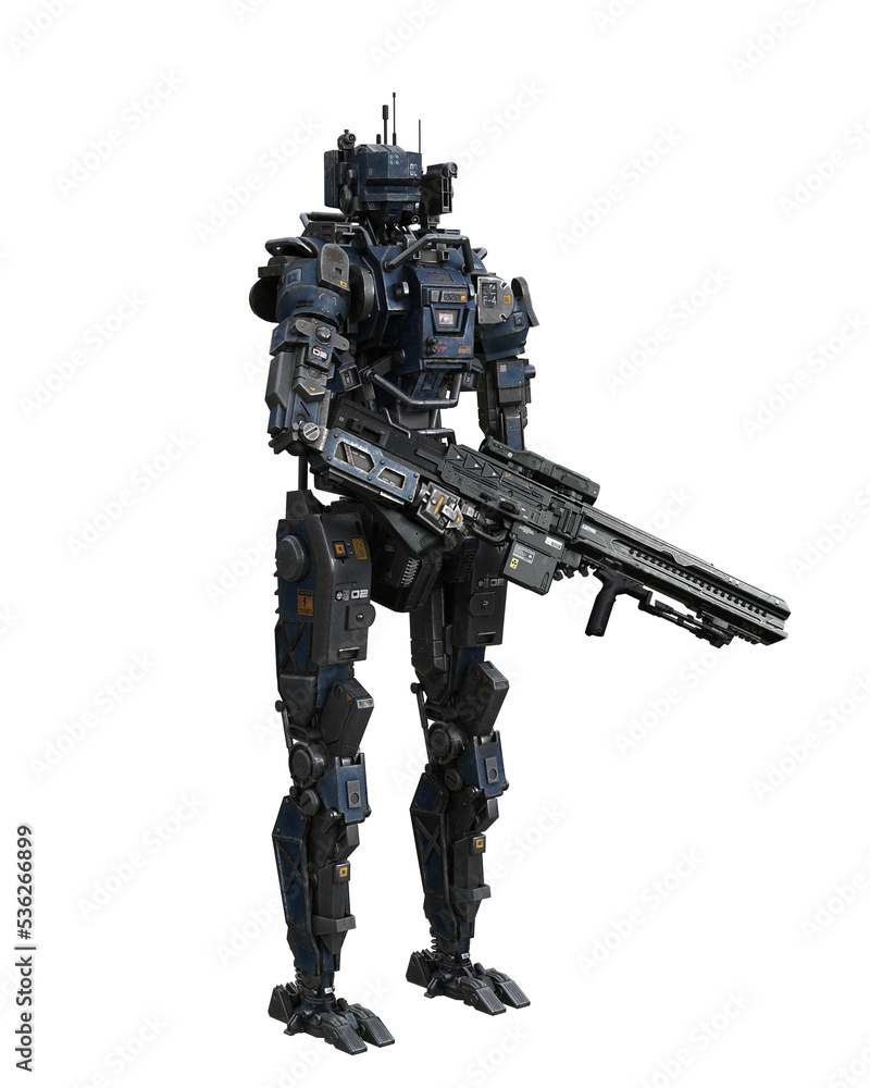 Futuristic cyberpunk droid standing guard with a rifle. 3D rendering isolated. Futuristic cyberpunk droid standing guard with a rifle. 3D rendering isolated.