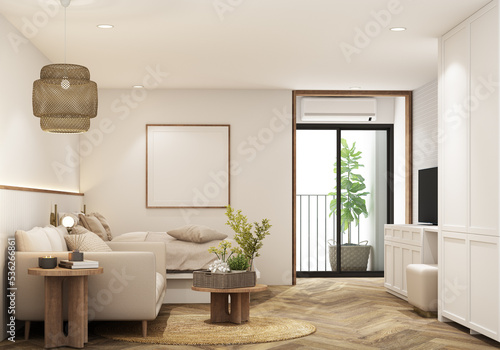 Mock up frame in cozy home interior background  coastal style bedroom with bed rattan lamp and white cabinet with gray fabric furniture on wooden floor and large window  3d render