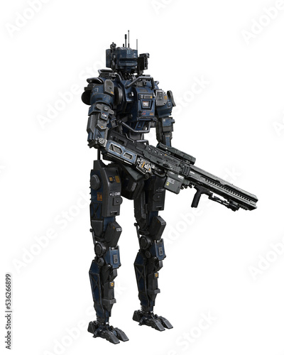 Futuristic cyberpunk droid standing guard with a rifle. 3D rendering isolated.