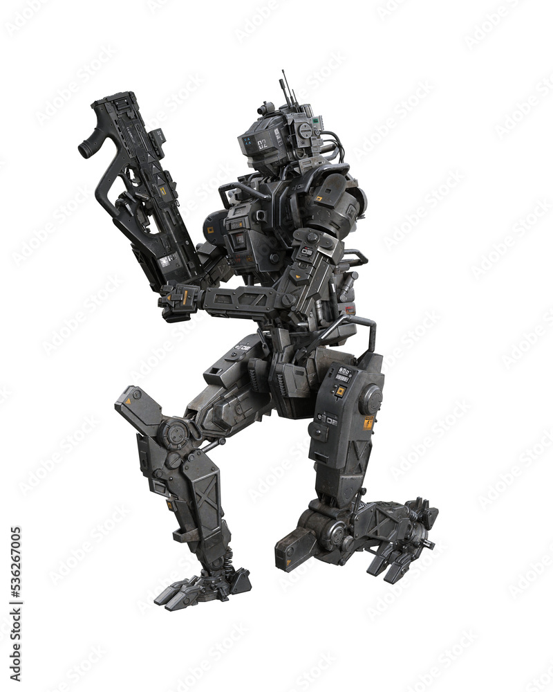 Fantasy future cyberpunk droid robot loading a submachine gun. 3D rendering isolated. Fantasy future cyberpunk droid robot loading a submachine gun. 3D rendering isolated.