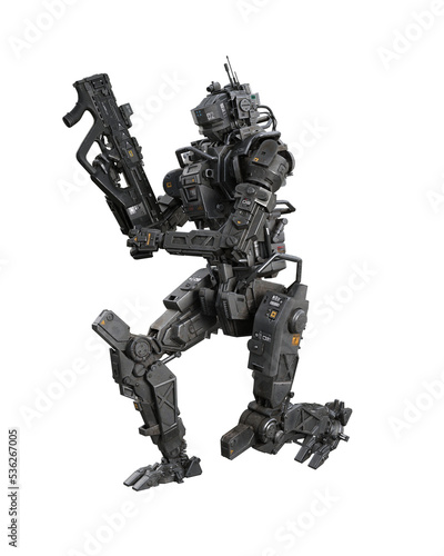 Fantasy future cyberpunk droid robot loading a submachine gun. 3D rendering isolated.