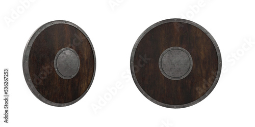 3D illustration of a plain wooden medieval Viking shield. 2 angles isolated.