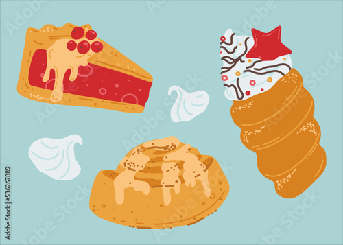 Winter sweet pastries. Trdelnik, cinnamon bun and berry pie. Traditional Christmas treat. Vector christmas illustration. Traditional design.