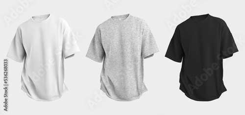 Mockup of a white, black and heather oversized t-shirt 3D rendering, with a round neck, universal clothing for women, men, isolated on background.
