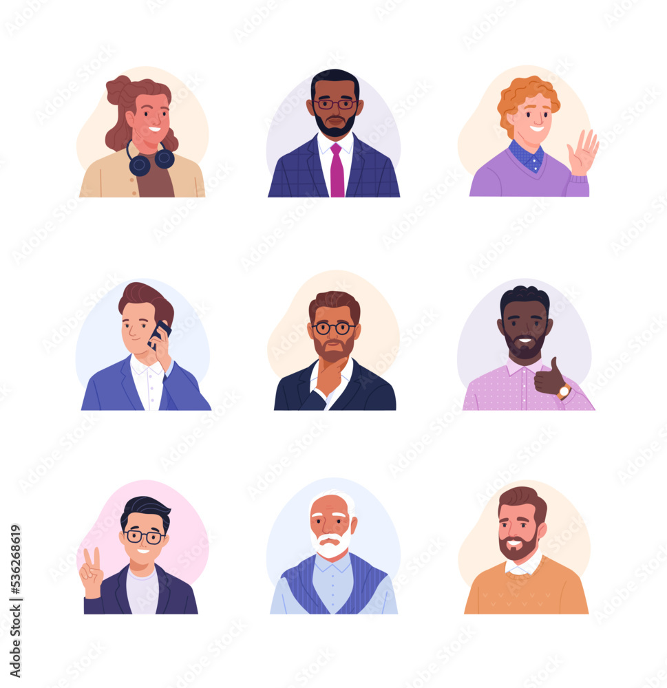 Collection of male avatars. Vector cartoon illustration of portraits of diverse smiling businessmen and office employees of different ages and ethnicities. Isolated on white Collection of male avatars. Vector cartoon illustration of portraits of diverse smiling businessmen and office employees of different ages and ethnicities. Isolated on white