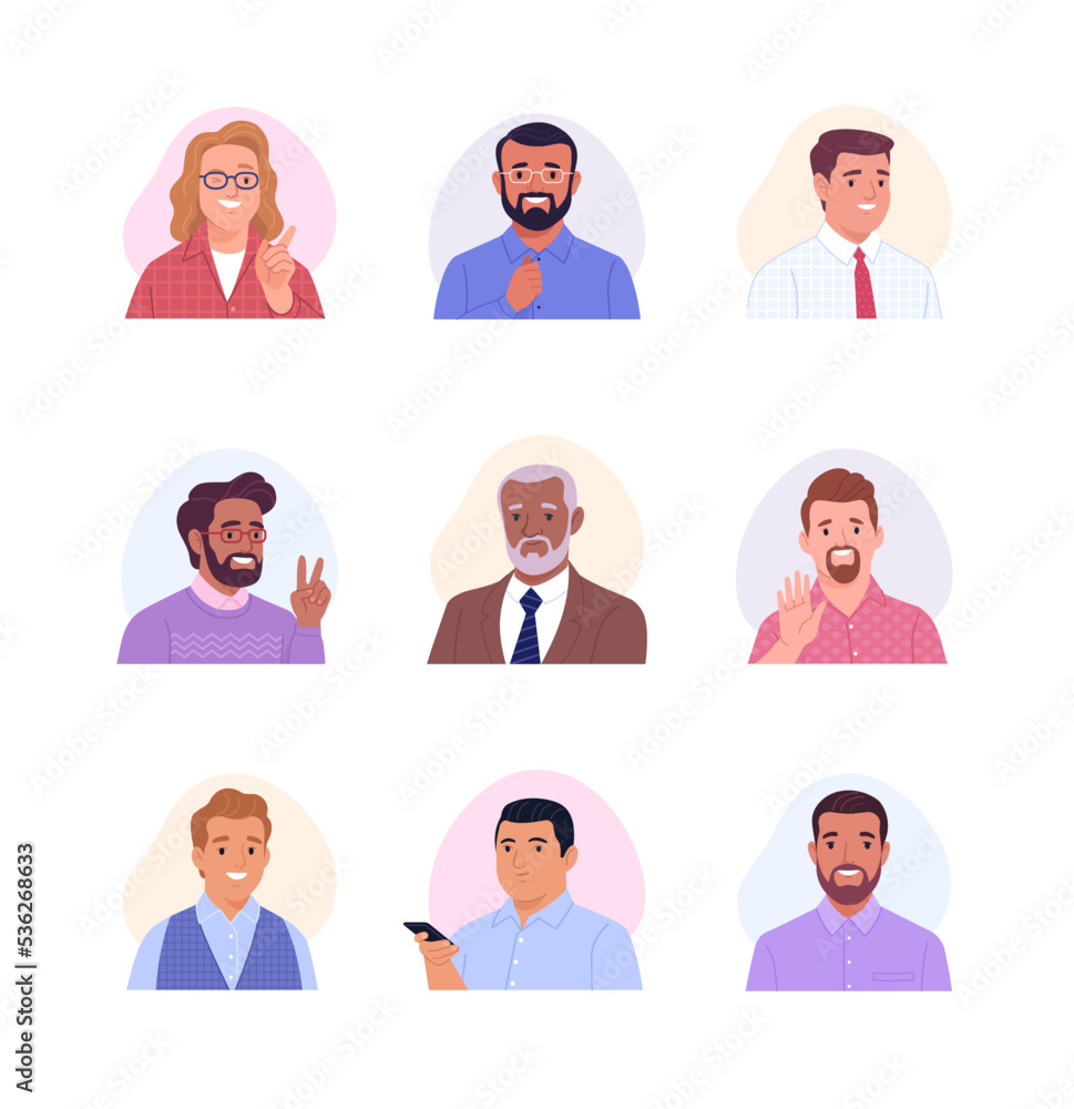 Collection of male avatars. Vector cartoon illustration of portraits of diverse smiling businessmen and office employees of different ages and ethnicities. Isolated on white Collection of male avatars. Vector cartoon illustration of portraits of diverse smiling businessmen and office employees of different ages and ethnicities. Isolated on white