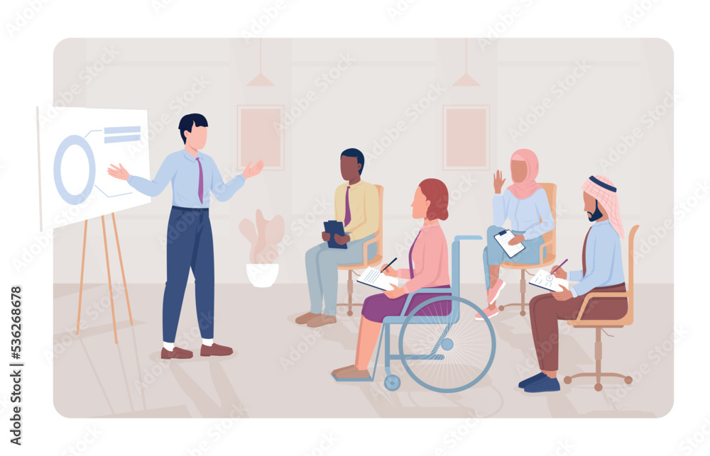 Work presentation 2D vector isolated illustration. Workplace meeting flat characters on cartoon background. Discussion with colleagues colourful editable scene for mobile, website, presentation
