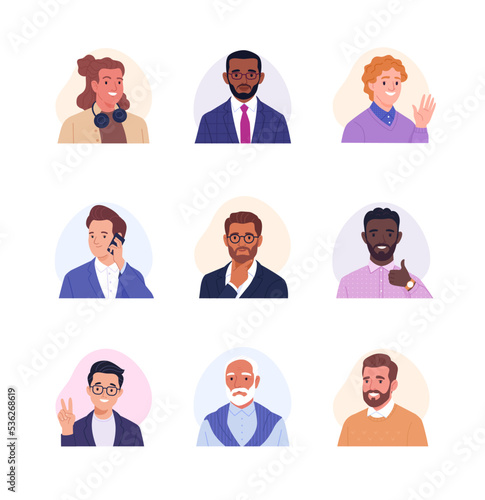Collection of male avatars. Vector cartoon illustration of portraits of diverse smiling businessmen and office employees of different ages and ethnicities. Isolated on white