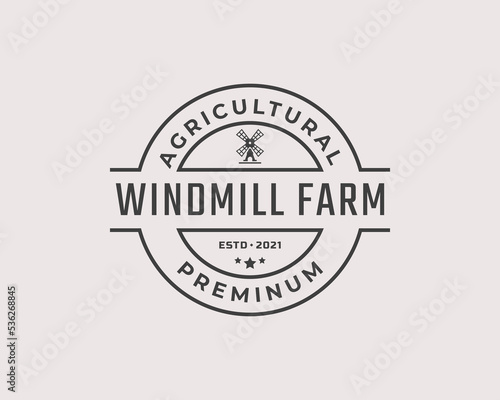 Vintage Retro Badge Emblem Agricultural Windmill Bakery Organic Wheat Logo Design Linear Style. Monochrome Countryside Alternative Power Wind Mill Energy Ecology Rural Production Mark
