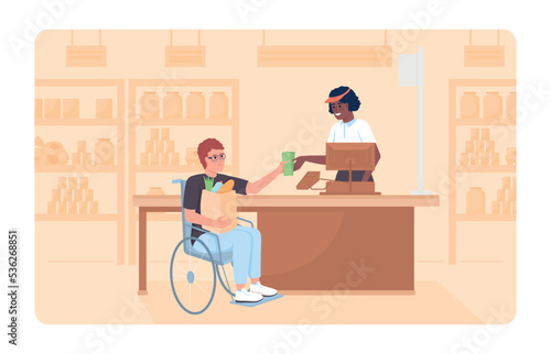 Disabled person shopping 2D vector isolated illustration. Buying groceries flat characters on cartoon background. Daily routine colourful editable scene for mobile, website, presentation