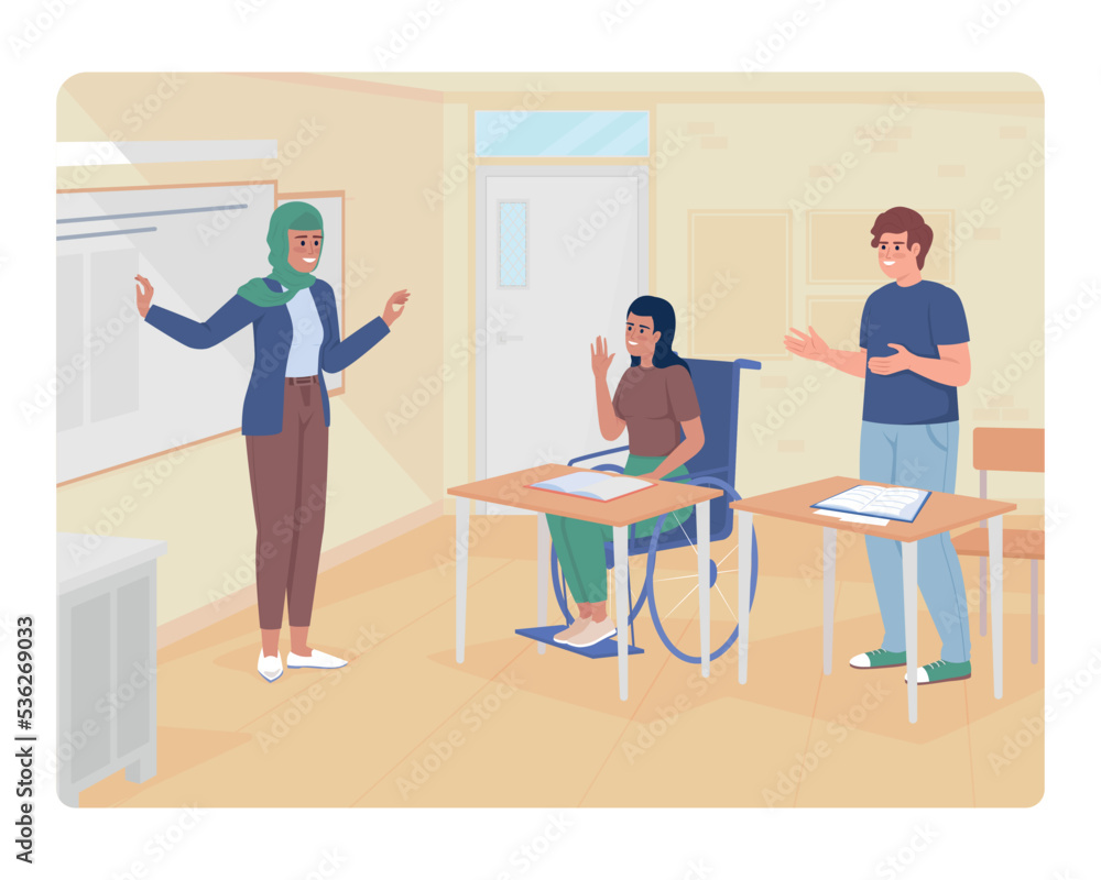 School lesson 2D vector isolated illustration. Students and teacher flat characters on cartoon background. Convenient classroom colourful editable scene for mobile, website, presentation