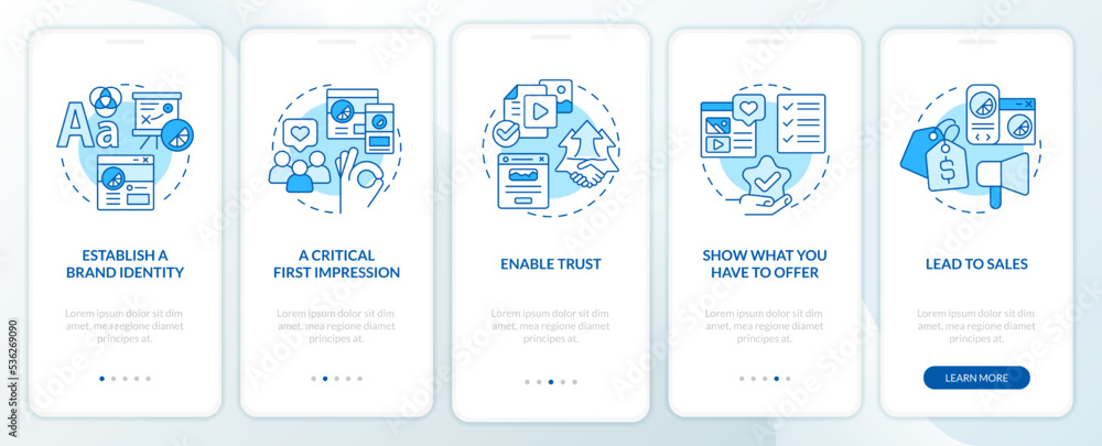 Website quality importance blue onboarding mobile app screen. Brand walkthrough 5 steps editable graphic instructions with linear concepts. UI, UX, GUI template. Myriad Pro-Bold, Regular fonts used