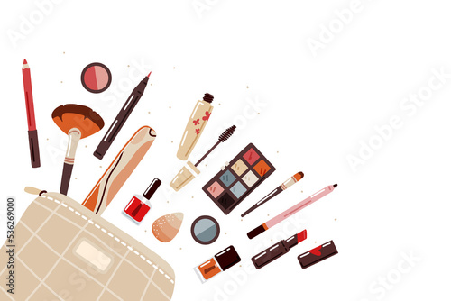 Open cosmetic pouch with makeup,beauty products on white background.