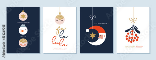 Merry Christmas modern card set elements greeting text lettering blue background vector