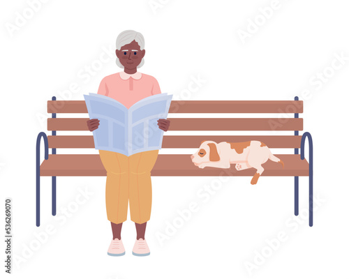 Lady and her dog sitting on bench semi flat color vector characters. Editable figure. Full body person on white. Leisure time simple cartoon style illustration for web graphic design and animation