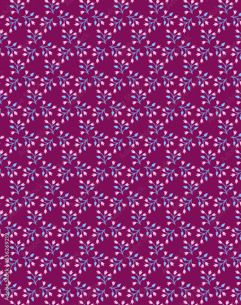 Cute botanical pattern with simple delicate pink blue flowers isolated on a dark background