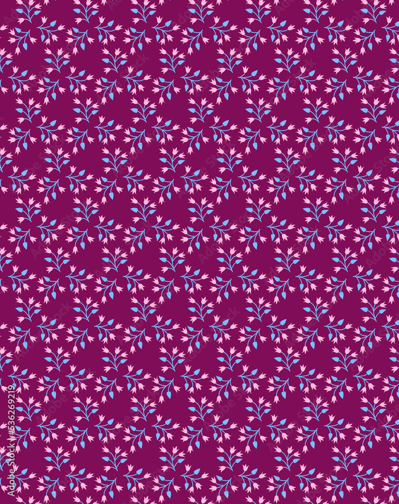 Cute botanical pattern with simple delicate pink blue flowers isolated on a dark background Cute botanical pattern with simple delicate pink blue flowers isolated on a dark background