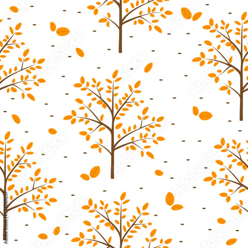 Seamless background of autumn trees and falling leaves. Vector illustration.