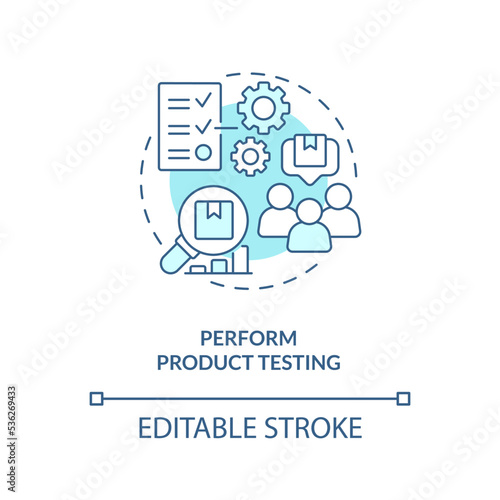 Perform product testing turquoise concept icon. Improving customer service abstract idea thin line illustration. Isolated outline drawing. Editable stroke. Arial, Myriad Pro-Bold fonts used