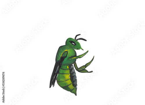 Orchid Bee gouache illustration isolated on white background. Cute black and green insect, honey keeper, tropical animal. Scrapbook design element, opague watercolor clipart. Hand painted. photo