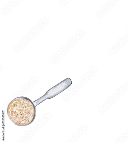 Spoon with ingredients watercolor and pencil illustration. Baking design element Hand painted food png clipart. Bakery, cafe, restaurant menu element. Recipe book, cooking book graphics. 