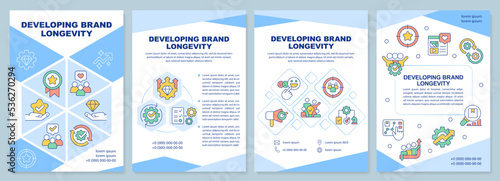 Developing brand longevity blue brochure template. Leaflet design with linear icons. Editable 4 vector layouts for presentation, annual reports. Arial-Black, Myriad Pro-Regular fonts used